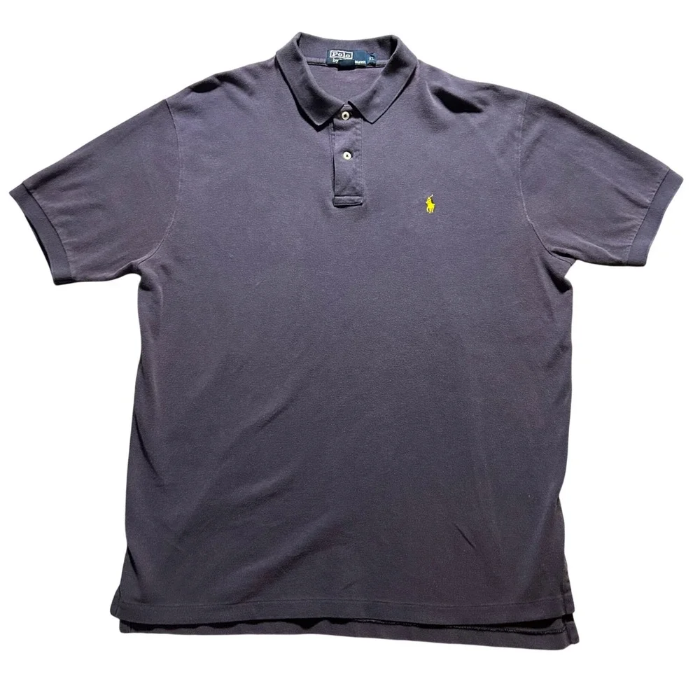 VTG Y2K Polo Ralph Lauren Polo Shirt Men XL Navy Blue Short Sleeve Yellow Pony